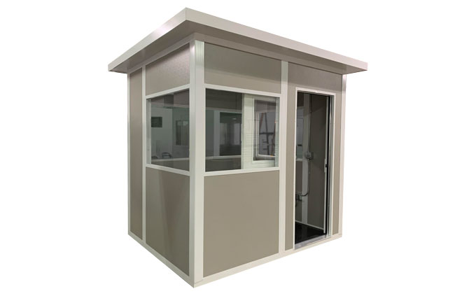 6x8 grey and white booth with overhanging roof